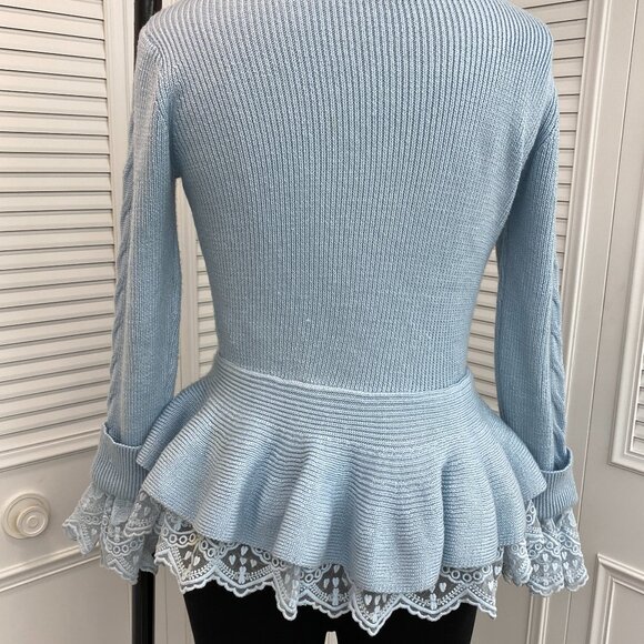 Endless Rose Pale Blue Sweater Sz M with peplum and lace - Picture 4 of 12